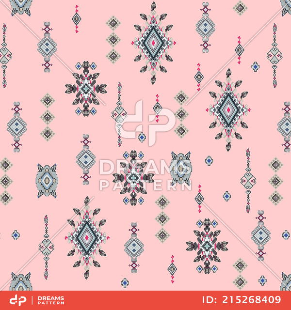 Seamless Colored Ethnic Design on Pink Background Ready for Textile Prints.