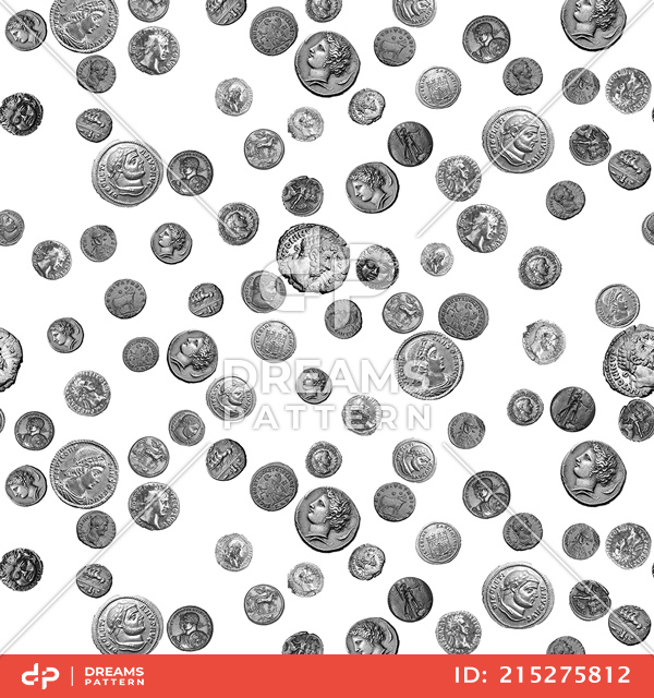 Ancient Coins Pattern on White Background Ready for Textile Print.