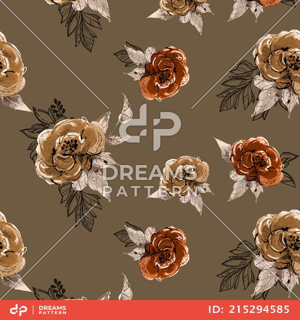 Seamless Watercolor Flowers with Leaves, Repeat Design Ready for Textile Prints.