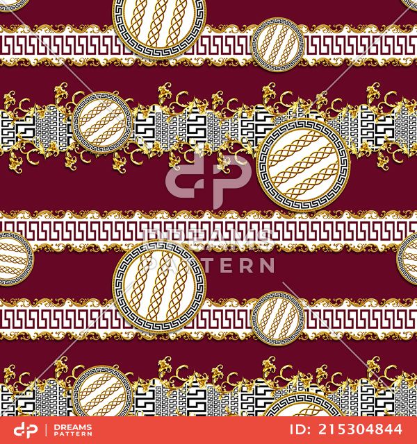 Seamless Pattern of Golden Baroque with Versace on Burgundy Background.