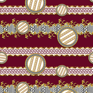 Seamless Pattern of Golden Baroque with Versace on Burgundy Background.