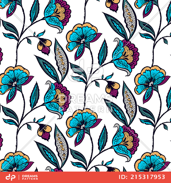 Seamless Hand Drawn Floral Pattern, Illustration Flowers on White Background.