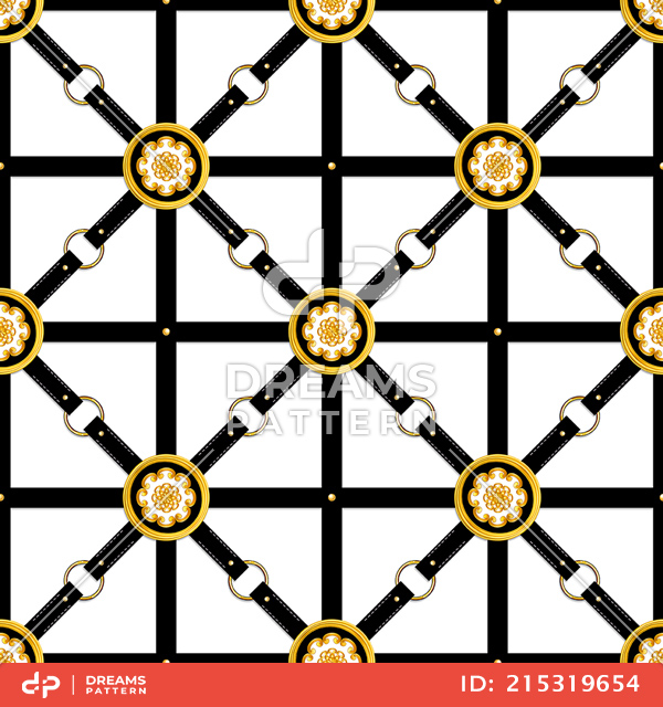 Seamless Pattern of Golden Antique Motif with Black Belts on White Background.