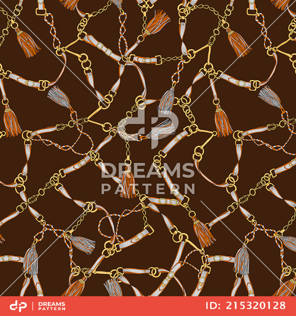 Seamless Pattern of Golden Chains, Rings, Ropes and Belts on Darkbrown Background.