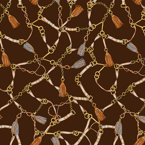 Seamless Pattern of Golden Chains, Rings, Ropes and Belts on Darkbrown Background.