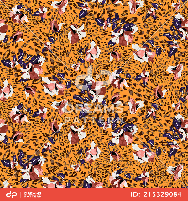 Trendy Seamless Pattern with Flowers with Leopard Skin on Dark Yellow Background.