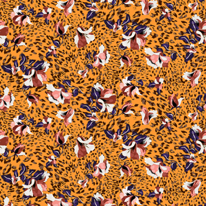 Trendy Seamless Pattern with Flowers with Leopard Skin on Dark Yellow Background.