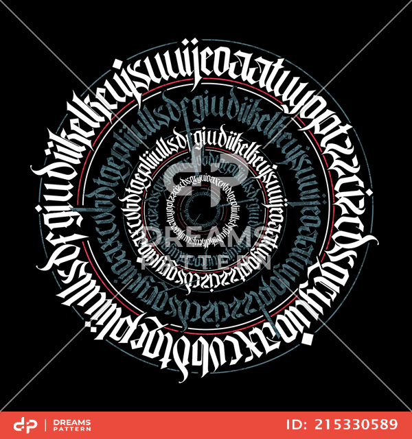 Gothic Abstract Blue, Red and White Rounded Calligraphy, Hand Drawn Illustration.