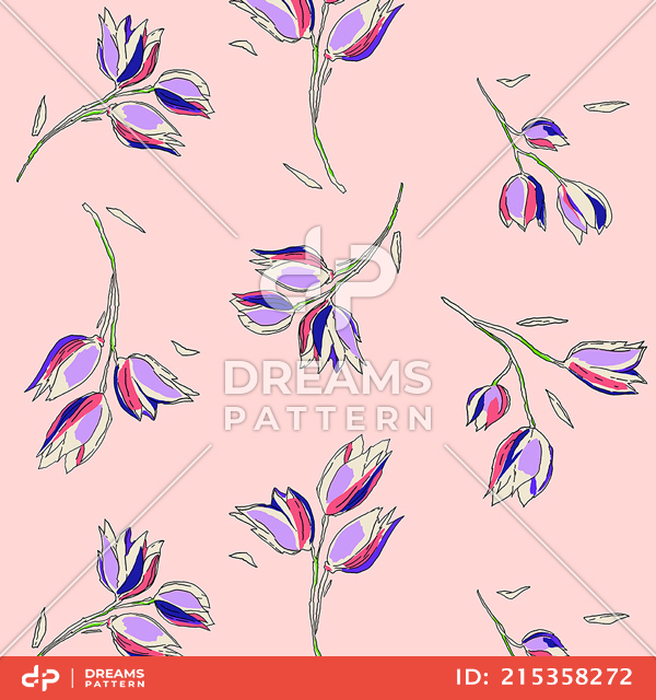 Seamless Hand Drawn Flowers Sketched Outline Style Pattern on Lightpink Background.