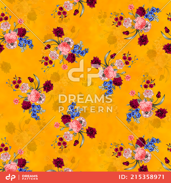 Seamless Colored Floral Pattern On Dark Yellow, Designed for Textile Prints.