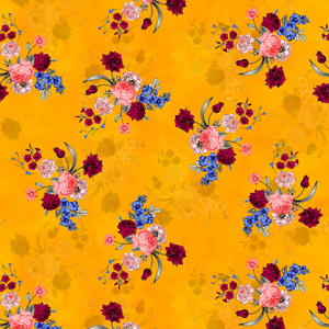 Seamless Colored Floral Pattern On Dark Yellow, Designed for Textile Prints.