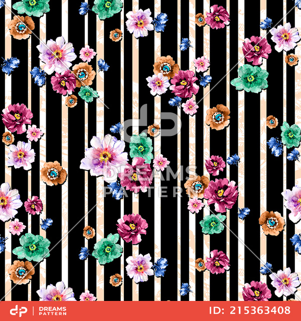 Seamless Watercolor Flowers with Black Lines, Designed For Textile Prints.