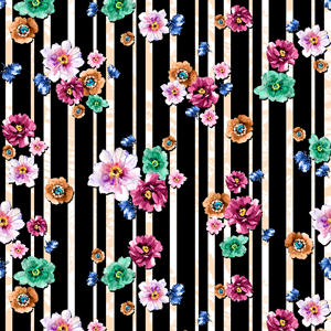 Seamless Watercolor Flowers with Black Lines, Designed For Textile Prints.