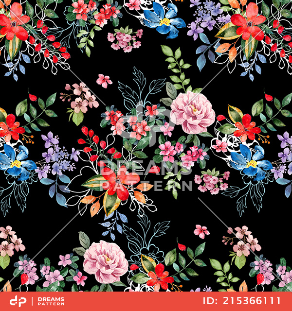 Seamless Colorful Small Flowers with Leaves. Modern Watercolor Floral Design on Black.