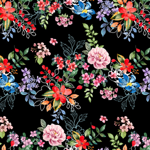 Seamless Colorful Small Flowers with Leaves. Modern Watercolor Floral Design on Black.