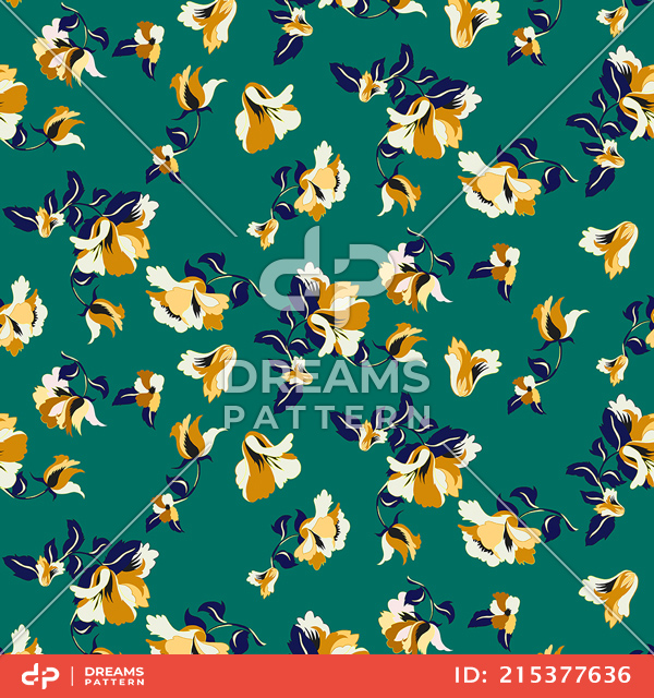 Trendy Seamless Pattern with Flowers on Green Background, Ready for Textile Prints.