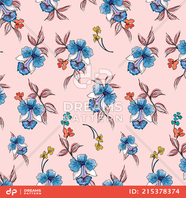 Cute Hand Drown Flowers with Leaves on Lightpink Background, Path for Textile Prints.