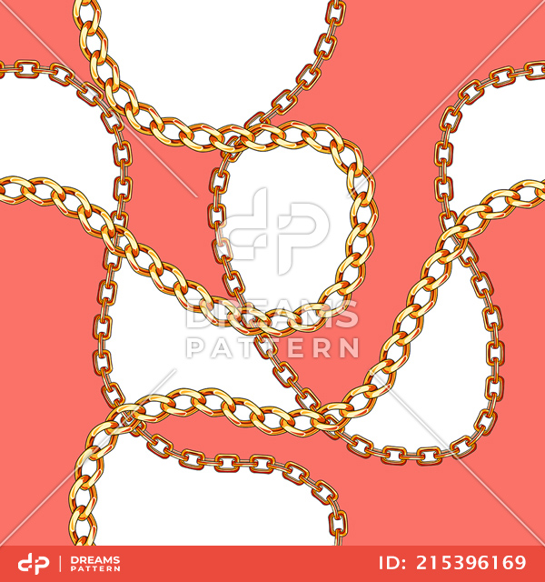 Seamless Pattern with Golden Chains on Coral and White Background.