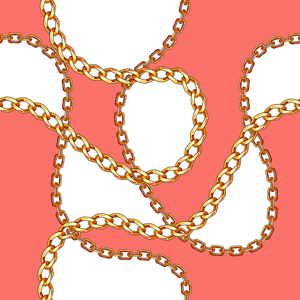 Seamless Pattern with Golden Chains on Coral and White Background.