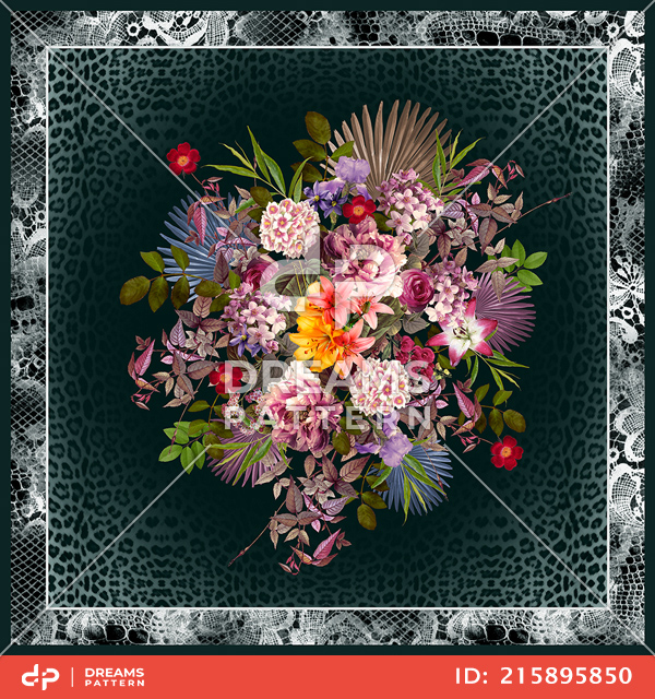 Modern Art for Silk Scarf Shawl, Fashion Illustration, Flowers with Leopard Skin Print.