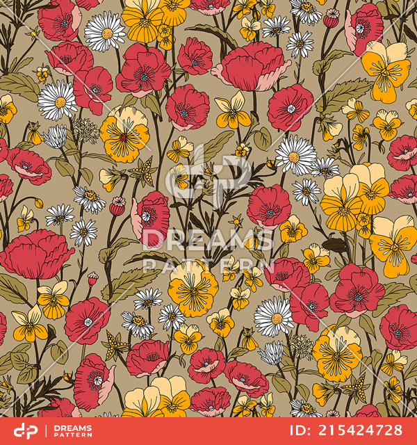 Seamless Hand Drawn Floral Pattern, Colored Flowers Ready for Textile Prints.