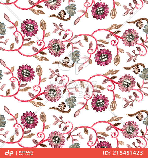 Seamless Embroidery Pattern of Flowers with Leaves Designed for Fabric Textile.