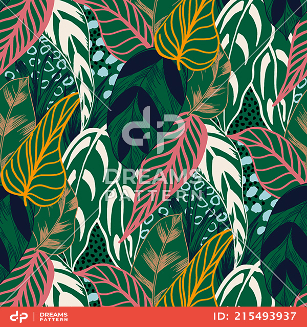 Beautiful Colorful Retro Hand Drawn Leaves, Tropical Palm Forest, Sketch Mood Pattern.