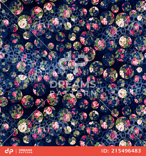 Seamless Floral Textile Design with Dots and Leopard Skin on Dark Blue Background.