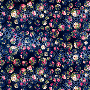 Seamless Floral Textile Design with Dots and Leopard Skin on Dark Blue Background.