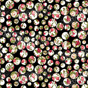 Seamless Floral Textile Design with White Dots on Black Background.