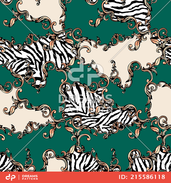 Zebra Skin and Baroque, Seamless Colored Pattern Patch for Textile Print.