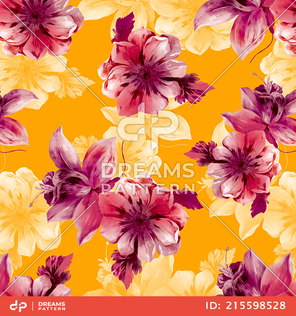 Beautiful Hand Drown Big Flowers with Leaves on Dark Yellow Background.