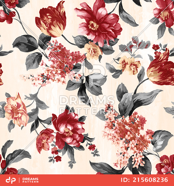 Seamless Hand Painted Watercolor Pattern of Big and Small Flowers.