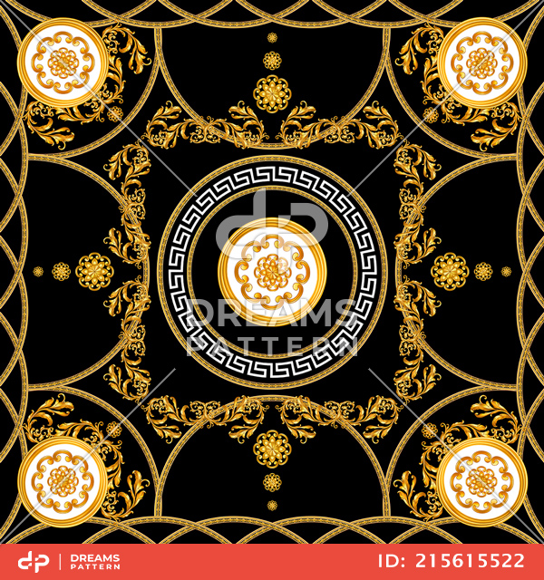 Luxury Scarf Design for Silk Print. Golden Baroque with Chains on Black Background.