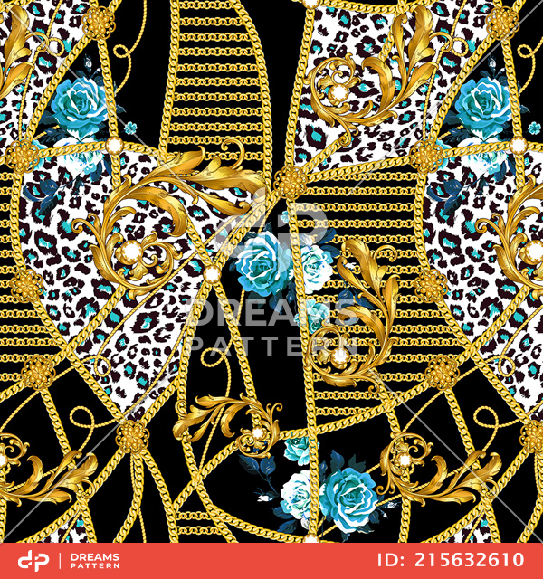 Seamless Pattern with Golden Chains, Baroque, Flowers and Leopard Skin on Black.