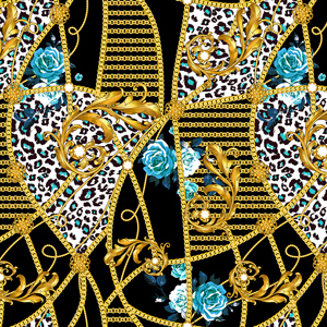 Seamless Pattern with Golden Chains, Baroque, Flowers and Leopard Skin on Black.