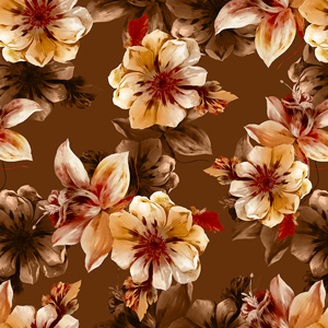 Beautiful Hand Drown Big Flowers with Leaves on Dark Brown Background.