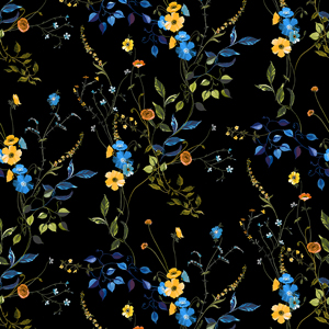 Seamless Watercolor Flowers with Leaves, Spring Pattern on Black Background.