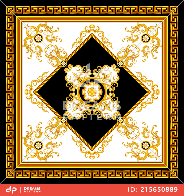 Luxury Golden Baroque Pattern, Silk Scarf Jewelry Shawl Design Ready for Fabric Prints.