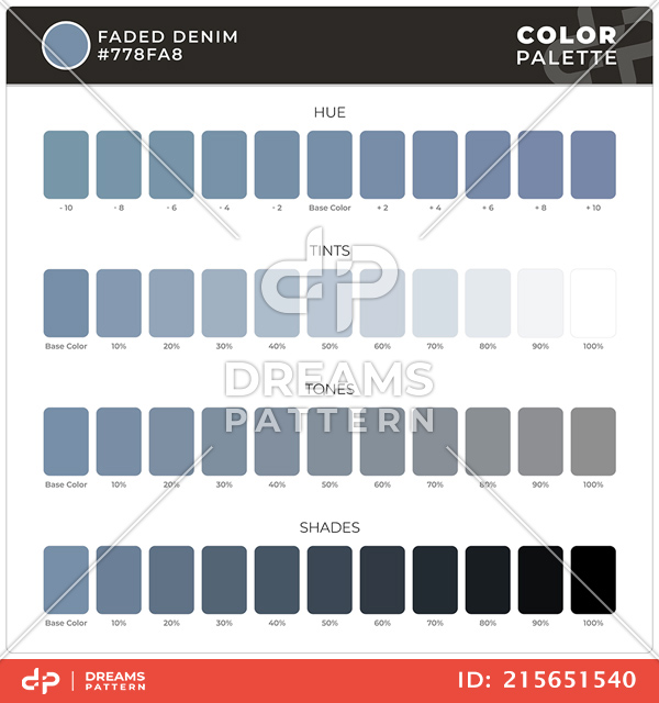 Faded Denim / Color Palette Ready for Textile. Hue, Tints, Tones and Shades Guide.