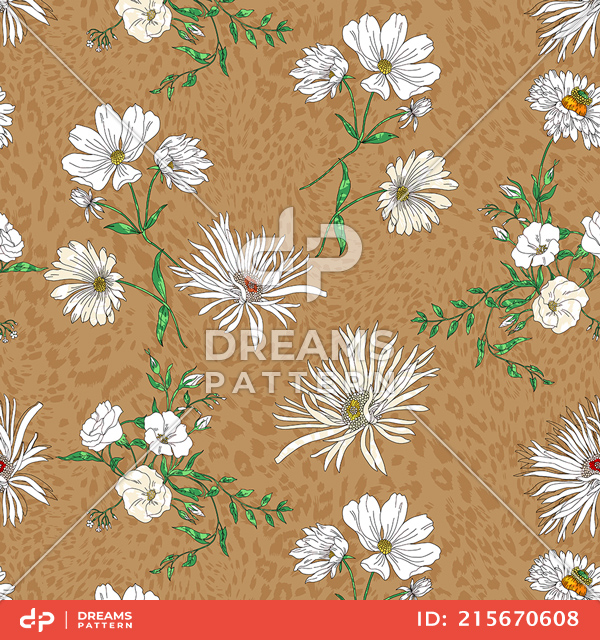 Seamless Modern Hand Drawn Floral Pattern, White Big Flowers on Brown Background.