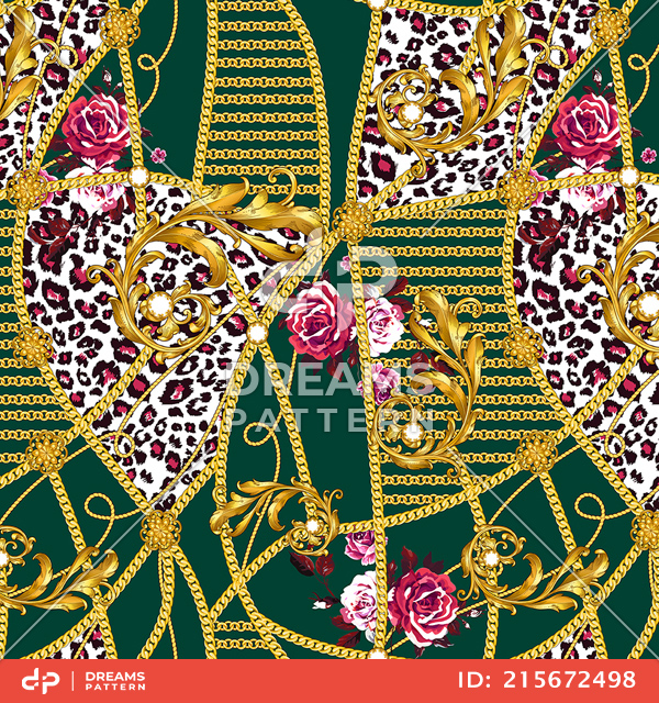 Seamless Pattern with Golden Chains, Baroque, Flowers and Leopard Skin on Green.