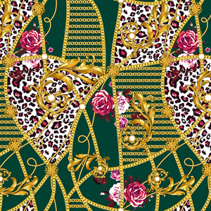 Seamless Pattern with Golden Chains, Baroque, Flowers and Leopard Skin on Green.