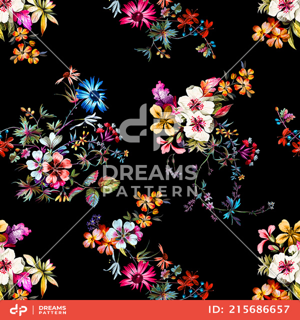 Seamless Colorful Floral Pattern, Ready for Textile Prints on Black Background.