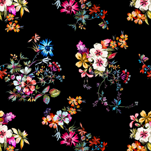 Seamless Colorful Floral Pattern, Ready for Textile Prints on Black Background.