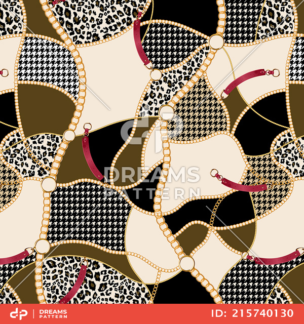 Seamless Pattern of Golden Chains and Belts, with Houndstooth on Light Background.