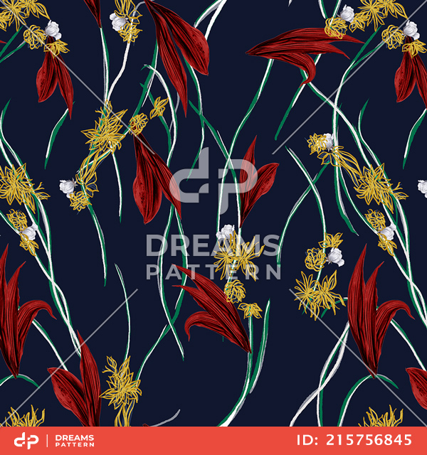 Modern Design for Fashion, Seamlees Hand Drawn Flowers with Leaves on Dark Blue.