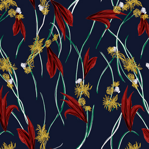 Modern Design for Fashion, Seamlees Hand Drawn Flowers with Leaves on Dark Blue.