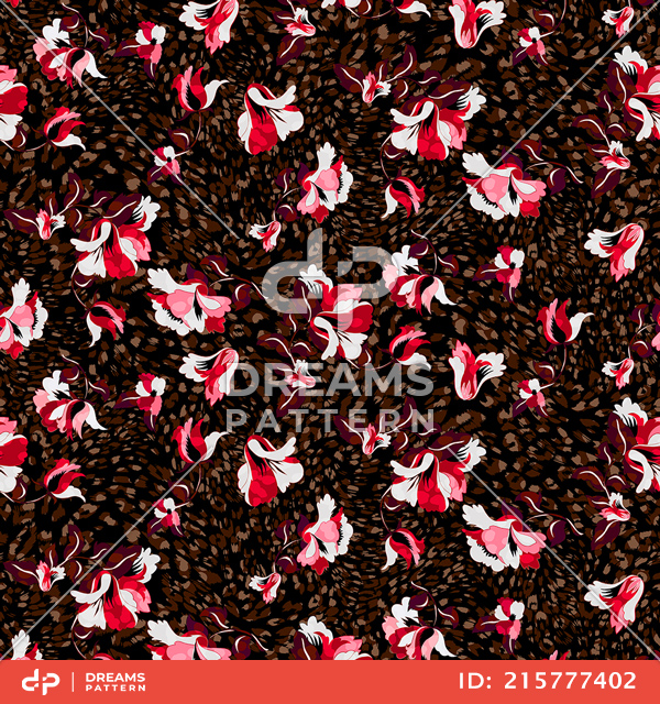 Trendy Seamless Pattern with Flowers with Leopard Skin on Black Background.