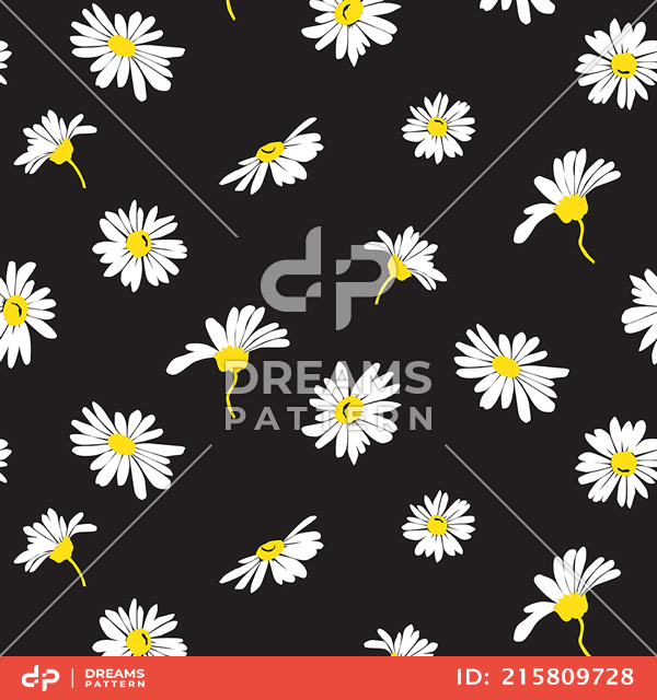 Seamless White Daisy Pattern on Black Background. Tiny Flowers Endless Design.